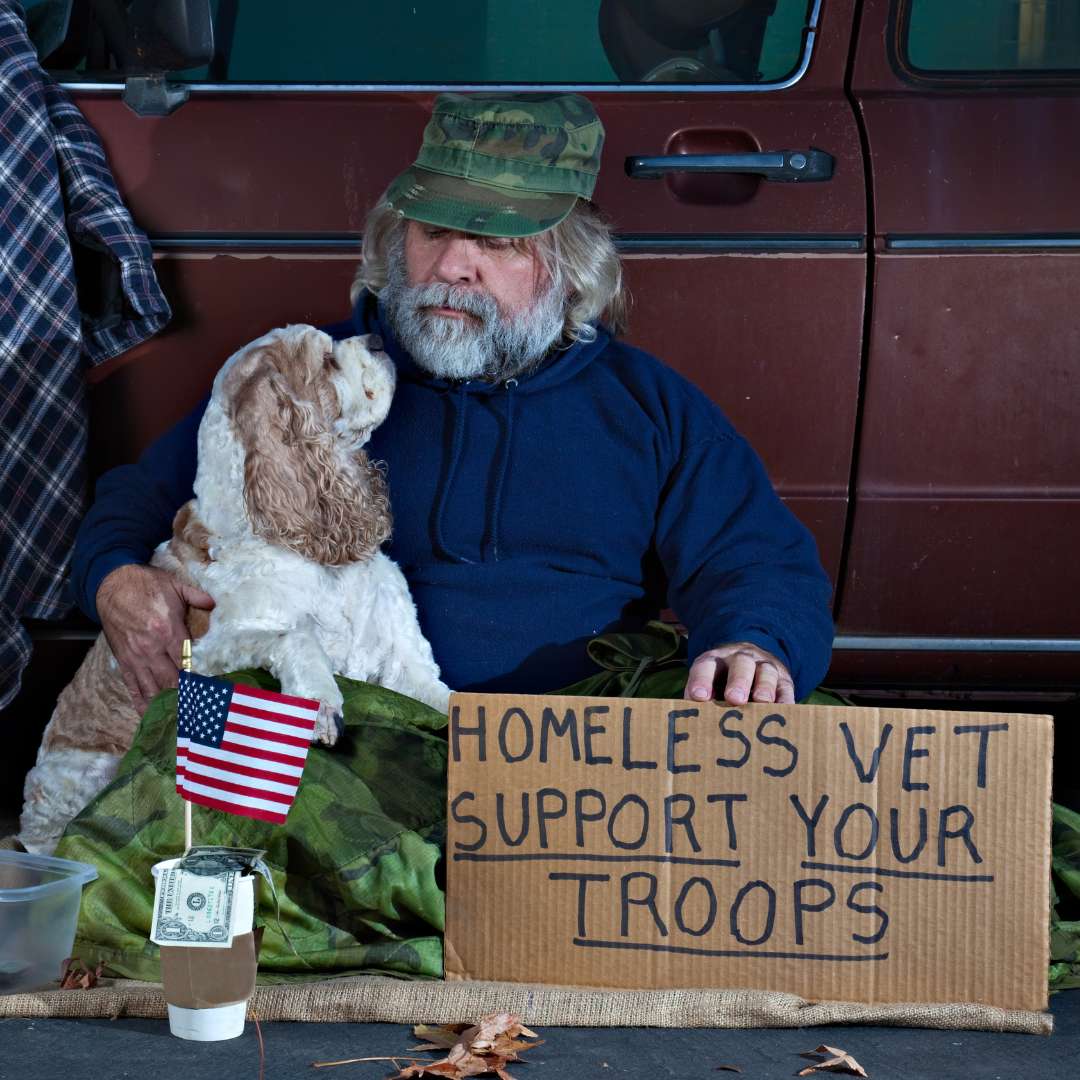 Factors Involved in Veteran Addiction at Virtue At The Pointe Oregon Homeless Man With Dog