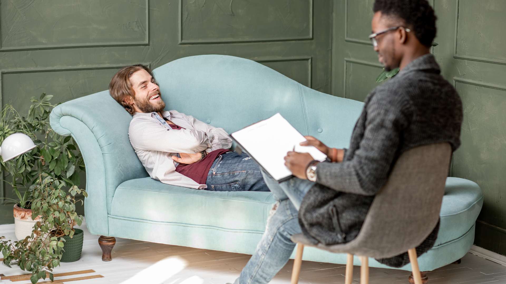 Substance Addiction Treatment Therapy Session at Virtue At The Pointe Oregon Laughing Male