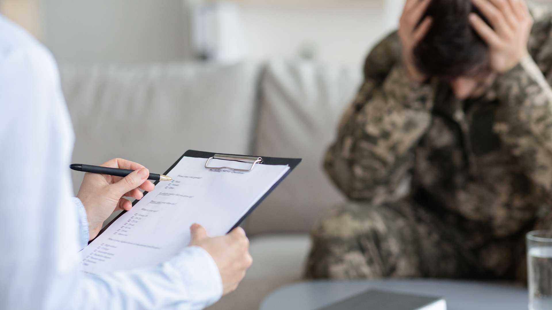 Trauma Treatment at Virtue At The Pointe Oregon Veteran Man In Therapy Head in Hands