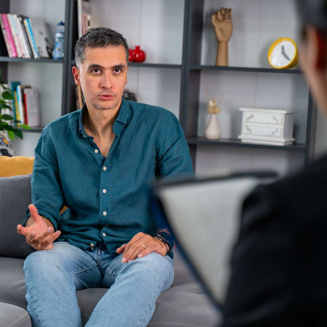 What is Inpatient Addiction Treatment at Virtue At The Pointe Oregon Man in Therapy